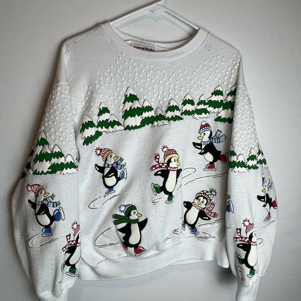 Karen Blake Made In USA Ice Skating Penguins Winter Puff Print Sweatshirt Medium
